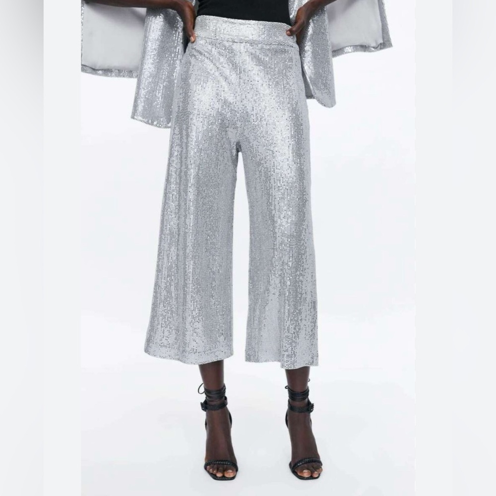 NWT Zara High Rise Sequin Culottes Crop Pants Size M